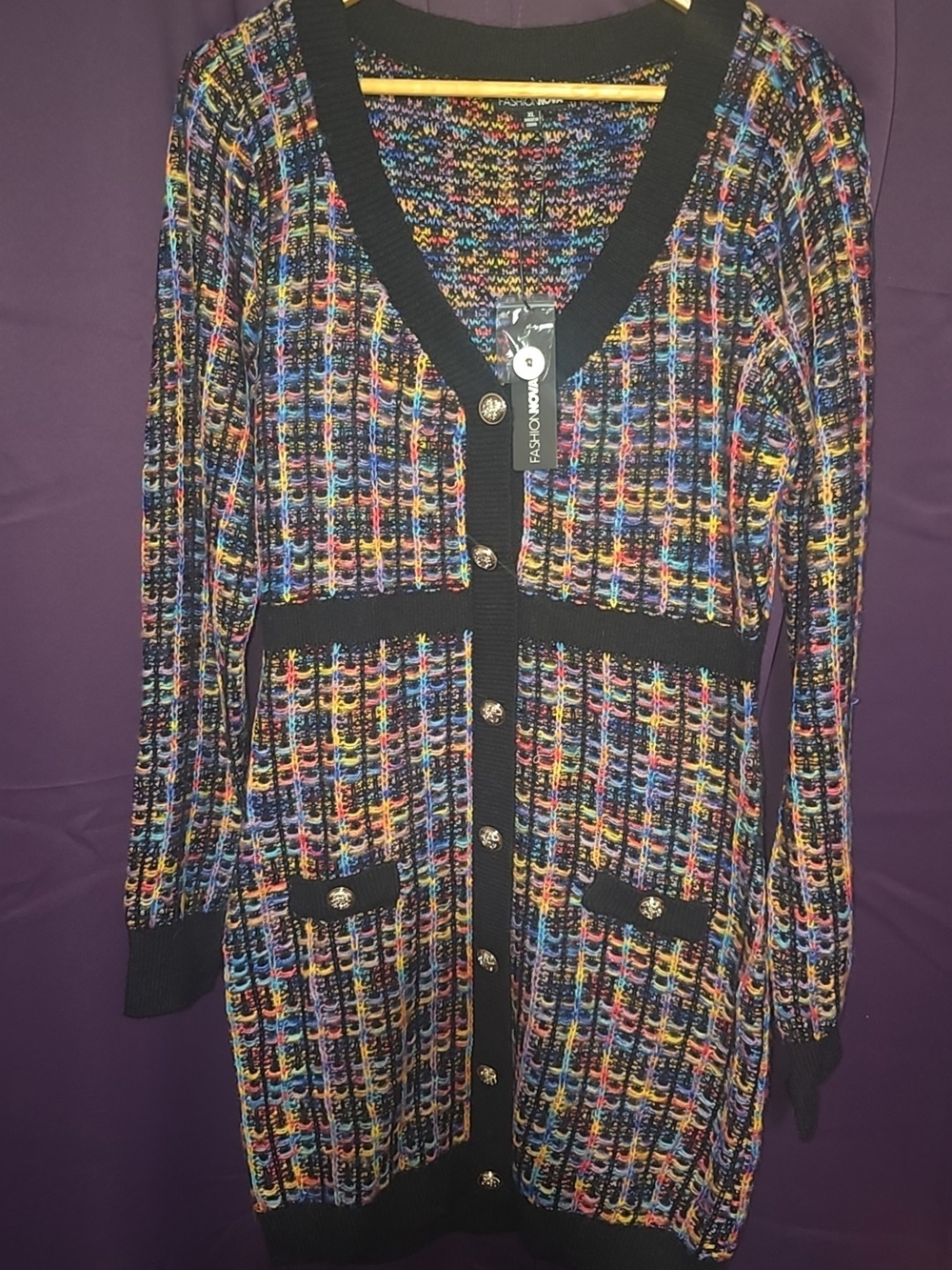 Fashion Nova Black Multicolor Tweed-Style Cardigan
